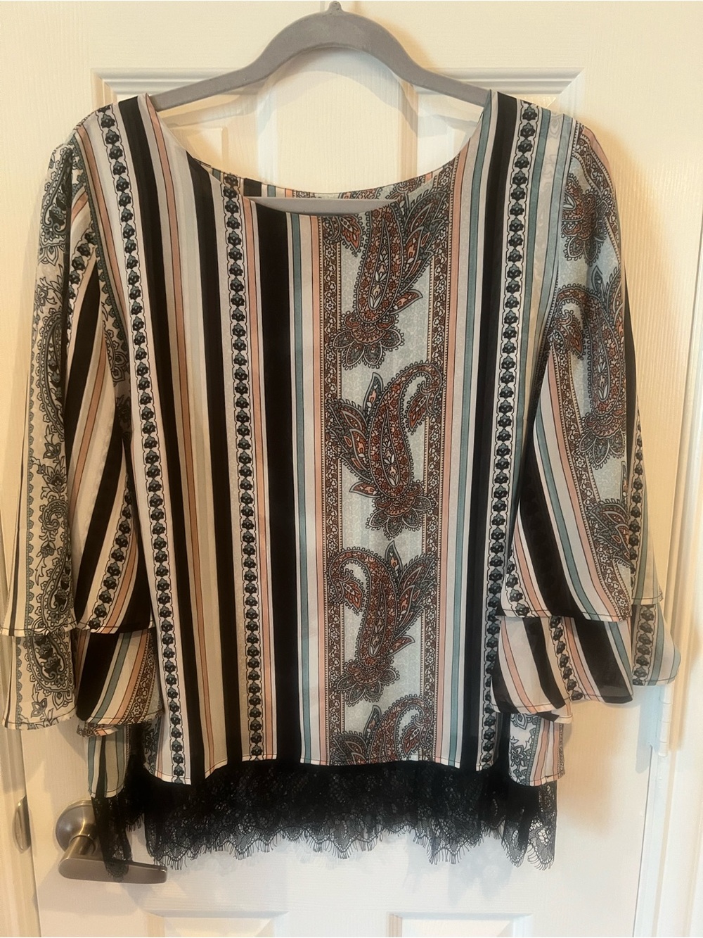 Chico's Striped & Paisley Mixed-Print Top in Teal, Coral & Tan